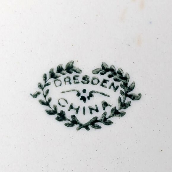 Vintage Dresden Porcelain Bowl: Woman and Angel Motif, Green & Gold Trim - Picture 6 of 7